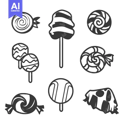 Aset premium populer: Black and white graphic illustrations of different sweets and candies