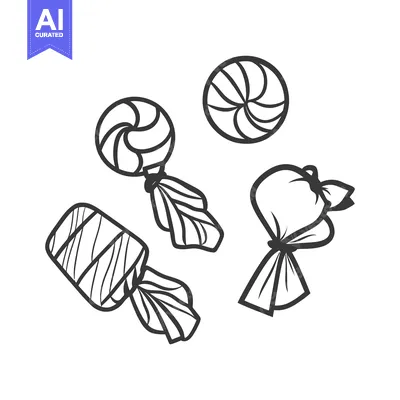 Aset desain premium: Several different stylized wrapped candies illustrated with bold black