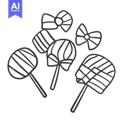 Aset desain premium: Five different lollipop candies and ribbon bows are depicted plainly