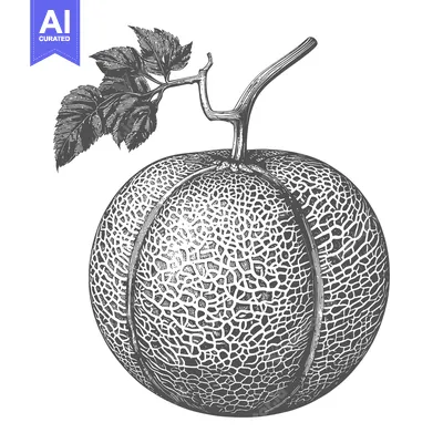 Aset desain premium: A detailed illustration of a cantaloupe with leaves