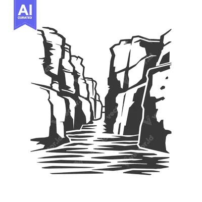 A black and white illustration depicting a canyon landscape scene