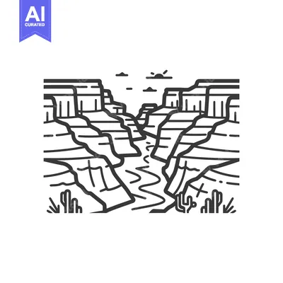 Aset premium populer: A stylized black and white illustration of a scenic canyon landscape