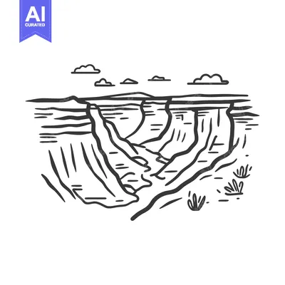 Aset premium populer: A black and white illustration depicts a canyon landscape with clouds
