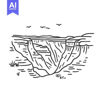 Popular premium asset: A monochrome linear illustration depicting a deep canyon landscape sce