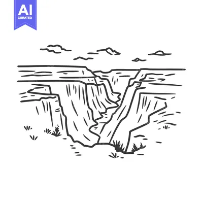 Aset desain premium: A dramatic black and white illustration of a deep canyon scene