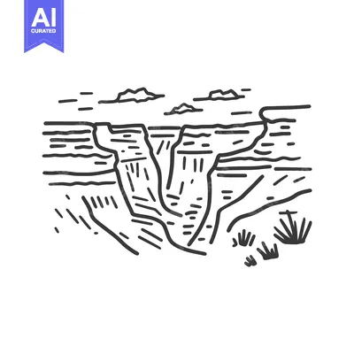 Aset desain premium: A simple black and white line drawing of a canyon landscape