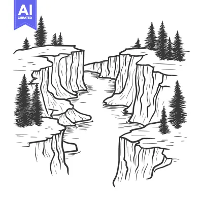 Premium design asset: An artistic illustration of a canyon with river and trees