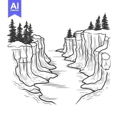 Popular premium asset: A monochrome image displaying a canyon with surrounding trees and wate