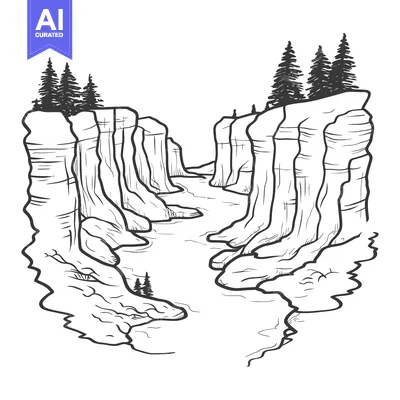 Aset desain premium: A detailed black and white illustration of a canyon landscape