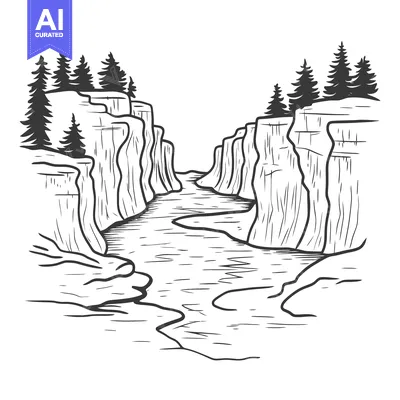 Aset premium populer: A black and white illustration of a canyon with trees