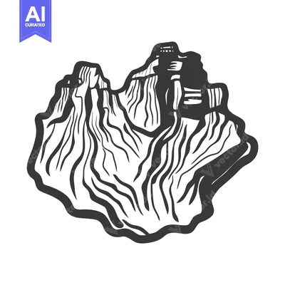 Premium design asset: Illustration depicting mountains and a possible structure at the peak