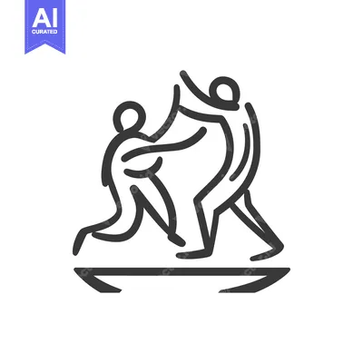 Two abstracted figures dancing on a platform are shown