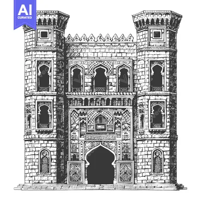 Aset desain premium: Ornate Stone Gateway With Twin Towers Architectural Design