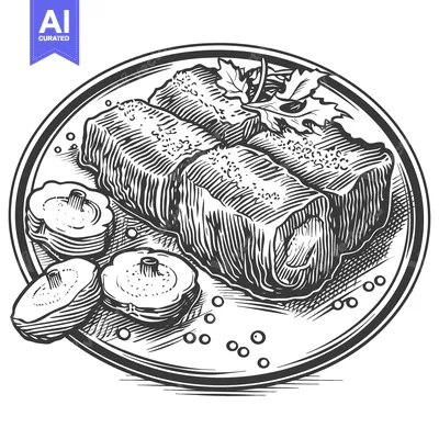 Aset desain premium: Delicious Rolled Meat Dish Served on Plate with Garnish