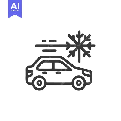Aset desain premium: Winter Driving Icon: Car with Snowflake and Wind, Outline Style