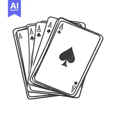 Premium design asset: A black and white illustration shows five playing card aces fanned out