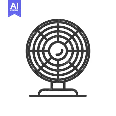 Aset desain premium: Minimalist Fan Icon: Circular Design with Stand, Black Outline on Whit