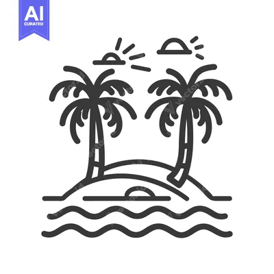 Premium design asset: Two palm trees on a small island with sun and waves