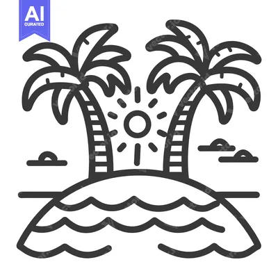 Aset premium populer: Tropical island scene featuring two palm trees with sun and ocean
