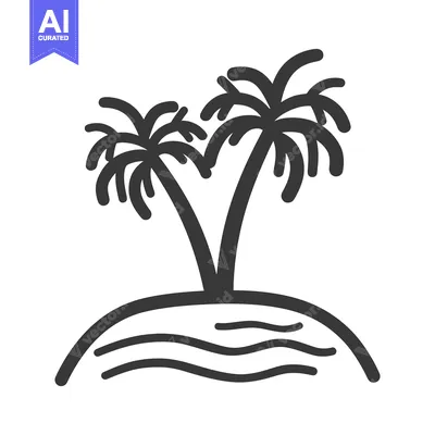Aset desain premium: Two stylized palm trees stand on a small island shore