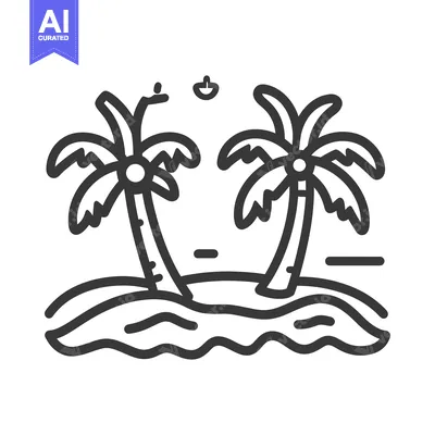 Premium design asset: Two Palm Trees Grow Beside Wavy Water and Horizon Line