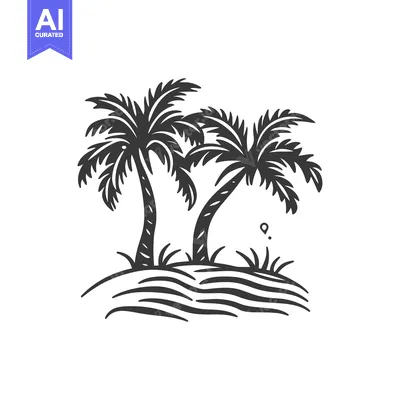 Two palm trees stand on a small island with grass growing