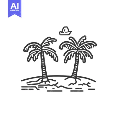 Aset desain premium: Two palm trees on a sandy island with a small boat above