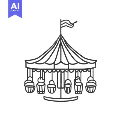 Aset desain premium: A detailed black and white illustration of a carnival carousel ride