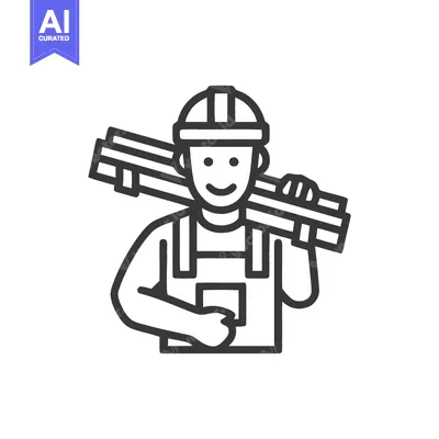 Aset premium populer: Minimalist Icon: Smiling Construction Worker Carrying Lumber on Should