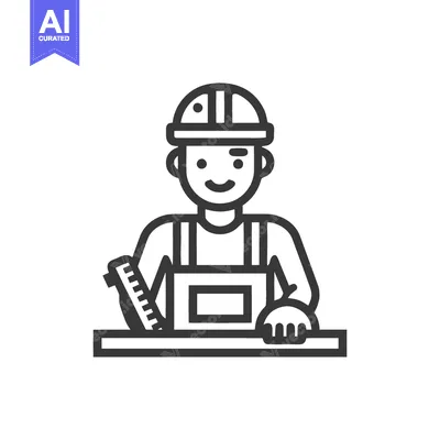 Smiling Construction Worker Icon with Hardhat and Tools, Line Art Styl