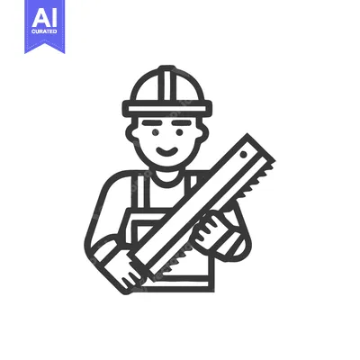 Premium design asset: Smiling Construction Worker with Saw: Minimalist Line Art Icon