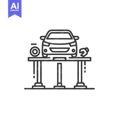 Aset desain premium: Car Repair Line Icon: Vehicle on Lift with Tools, Minimalist Design