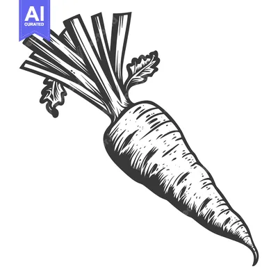 Aset desain premium: A stylized illustration depicts a single carrot in a monochrome graphi