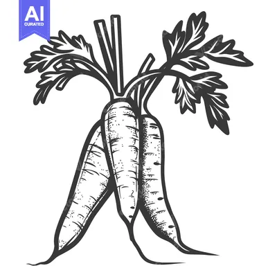Aset premium populer: Three carrots with their leafy greens are illustrated in black and whi