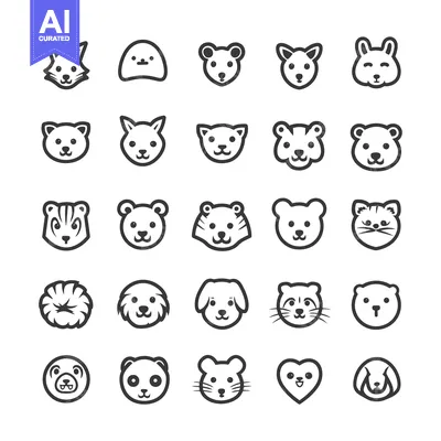 Aset desain premium: Cartoon Animal Face Icons Set in Black and White