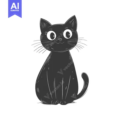 Aset premium populer: Cartoon Black Cat with Big Eyes Sitting on White Background