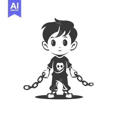 Aset premium populer: Cartoon boy with chains, looking sad
