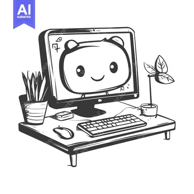 Premium design asset: Cartoon Character on Computer Screen with Desk and Plants