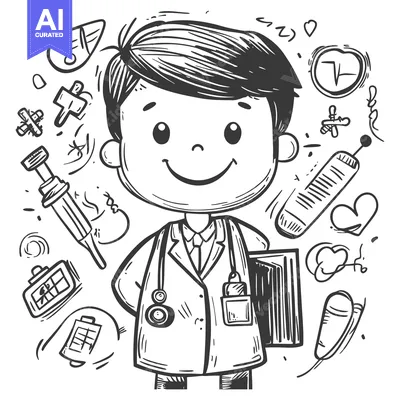 Aset desain premium: Cartoon Doctor Holding a Medical Book with Surrounding Medical Symbols
