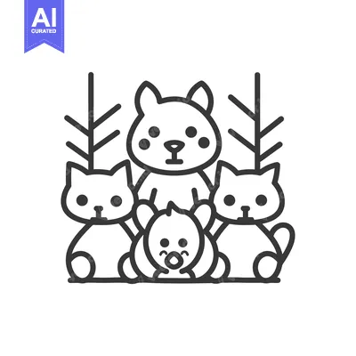 Popular premium asset: Cartoon Family of Three Cats and One Kitten Surrounded by Trees