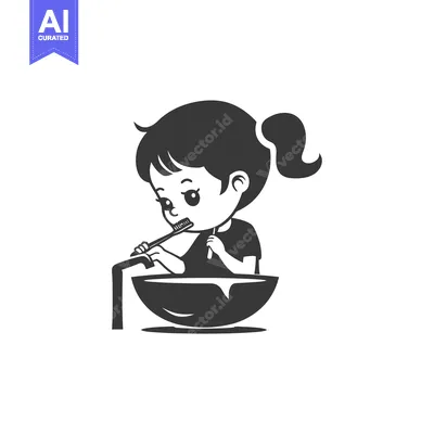 Aset desain premium: Cartoon Girl Brushing Teeth in a Sink