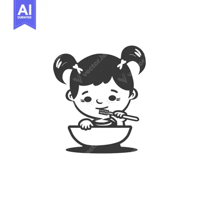 Aset desain premium: Cartoon Girl Brushing Teeth in Sink