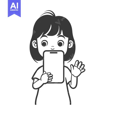 Aset desain premium: Cartoon girl holding a smartphone and waving