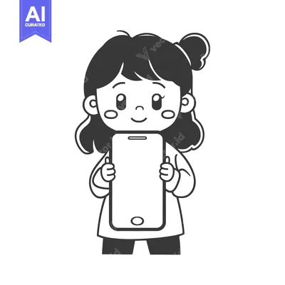 Aset desain premium: Cartoon Girl Holding Smartphone with a Happy Expression