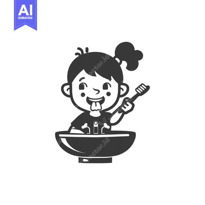 Aset premium populer: Cartoon Girl Holding Toothbrush at Sink
