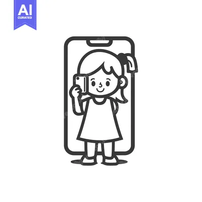 Aset desain premium: Cartoon Girl Taking a Selfie Inside a Smartphone Outline