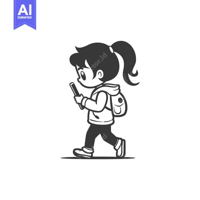 Aset desain premium: Cartoon Girl Walking While Using a Smartphone