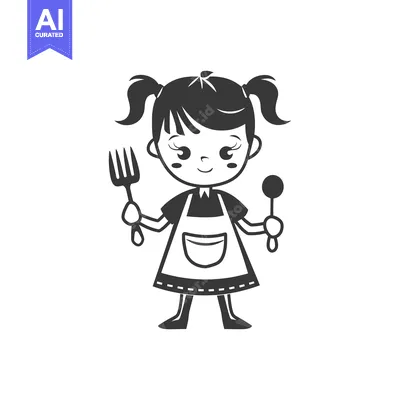 Aset premium populer: Cartoon Girl Wearing Apron Holding Fork and Spoon