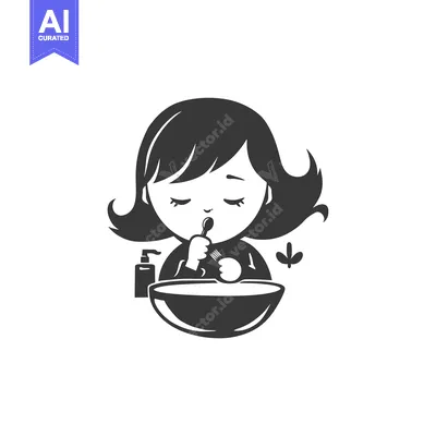 Aset desain premium: Cartoon girl with closed eyes eating from a bowl
