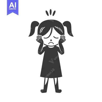 Aset desain premium: Cartoon girl with pigtails covering her ears and looking sad